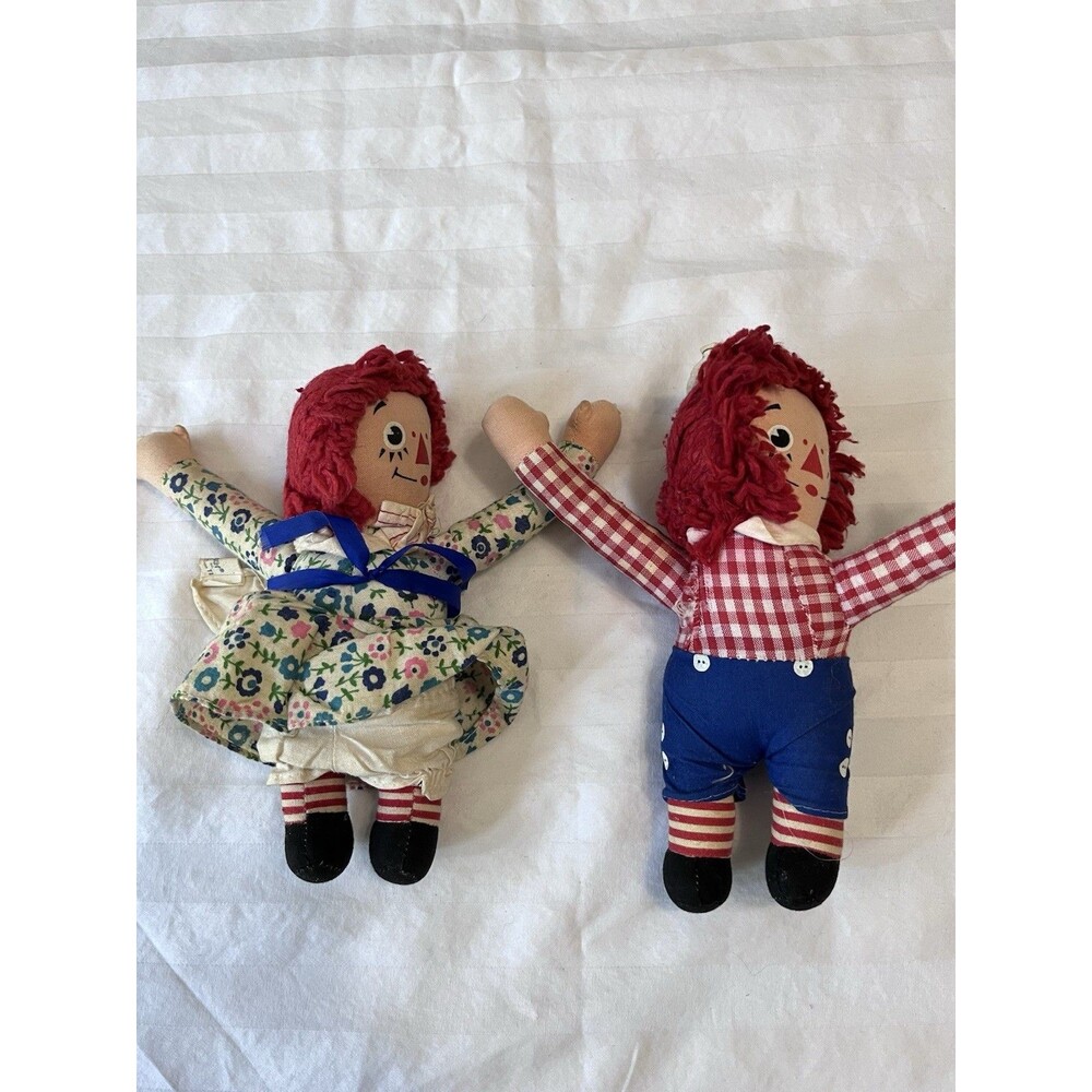 Vtg Knickerbocker Raggedy Ann & Andy Dolls Mini 7” Plush Pair Fabric Tag 1970s